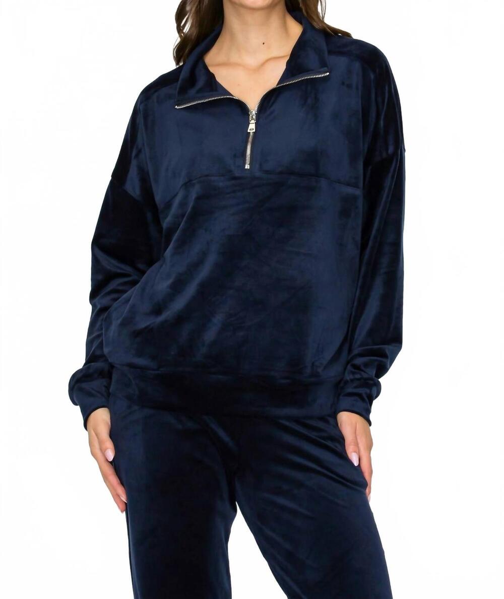 NEW KNIT RIOT velour quarter-zip pullover sweatshirt in navy